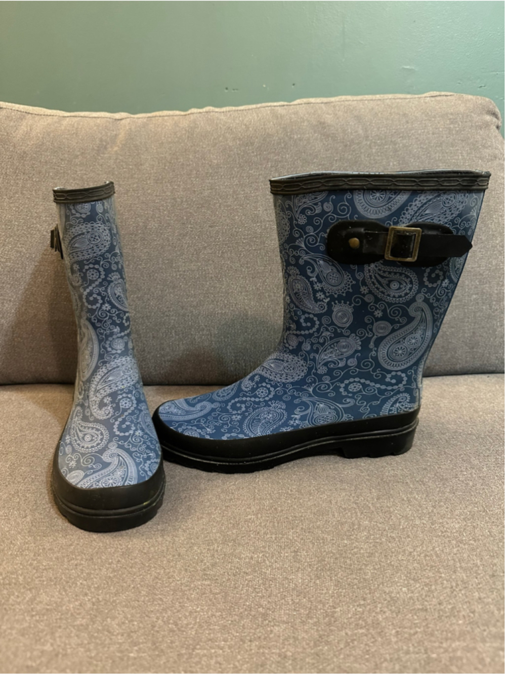 Blue Mountain Paisley Rain Boots Blue and Black Gardening Outdoor Mid-Calf